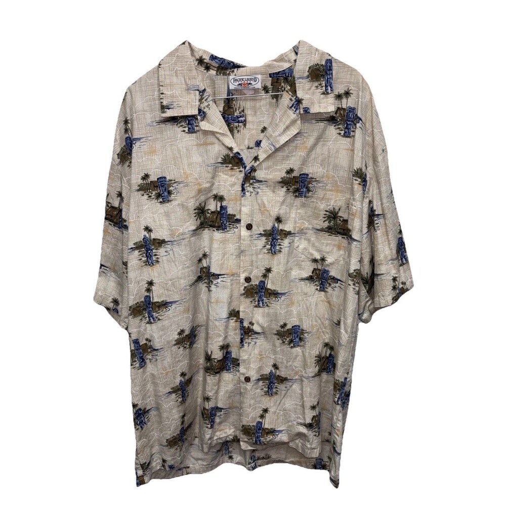 Pacific Legend Apparel Shirt Tiki Print Tan Short Sleeve Hawaiian 2XL Cotton Men